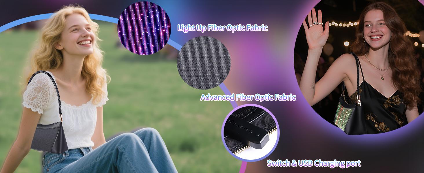 LUMISONATA Light Up Shoulder Bag for Women, LED Fiber Optic Crossbody Purse with seven Colors & four Modes, Glow in The Dark Party Handbag for Club Rave Festival