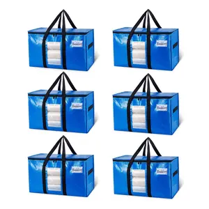 6 Pack Extra Large Heavy Duty Moving Bags 130LBS Load-Bearing Blue Storage Totes PE Fabric Ergonomic Handles Clear Window Label Slot Space-Saving Design for Home Relocation & Storage Organiser