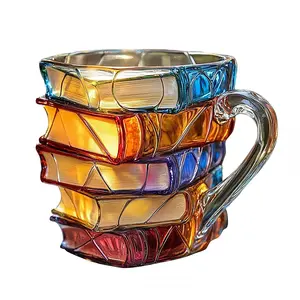 Chapter Book Mug Glass 3D Book Mugs Stained Glass Cups with Stack Design, Artistic Reading Coffee Cup, Unique Literary Friendship Gifts for Friends & Readers Party Gift
