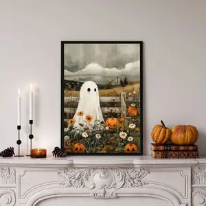 Spooky Ghost in the Pumpkin Patch Poster, Retro Halloween Print, Home Bedroom Hallway Decorations