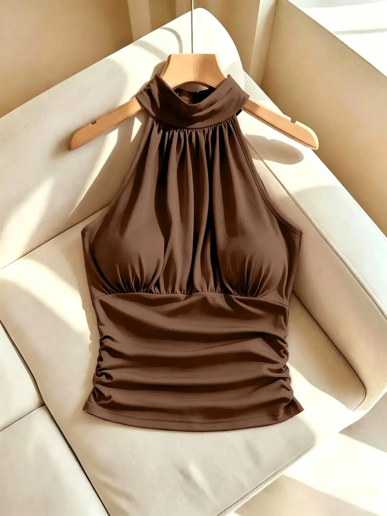 Y2K Sexy Cute Women's Crop Tank Tops Solid Color Ruched Sleeveless High Neck Bodycon Halter Camisole Top, Perfect for Beach Vacation Parties, Show off Your Figure