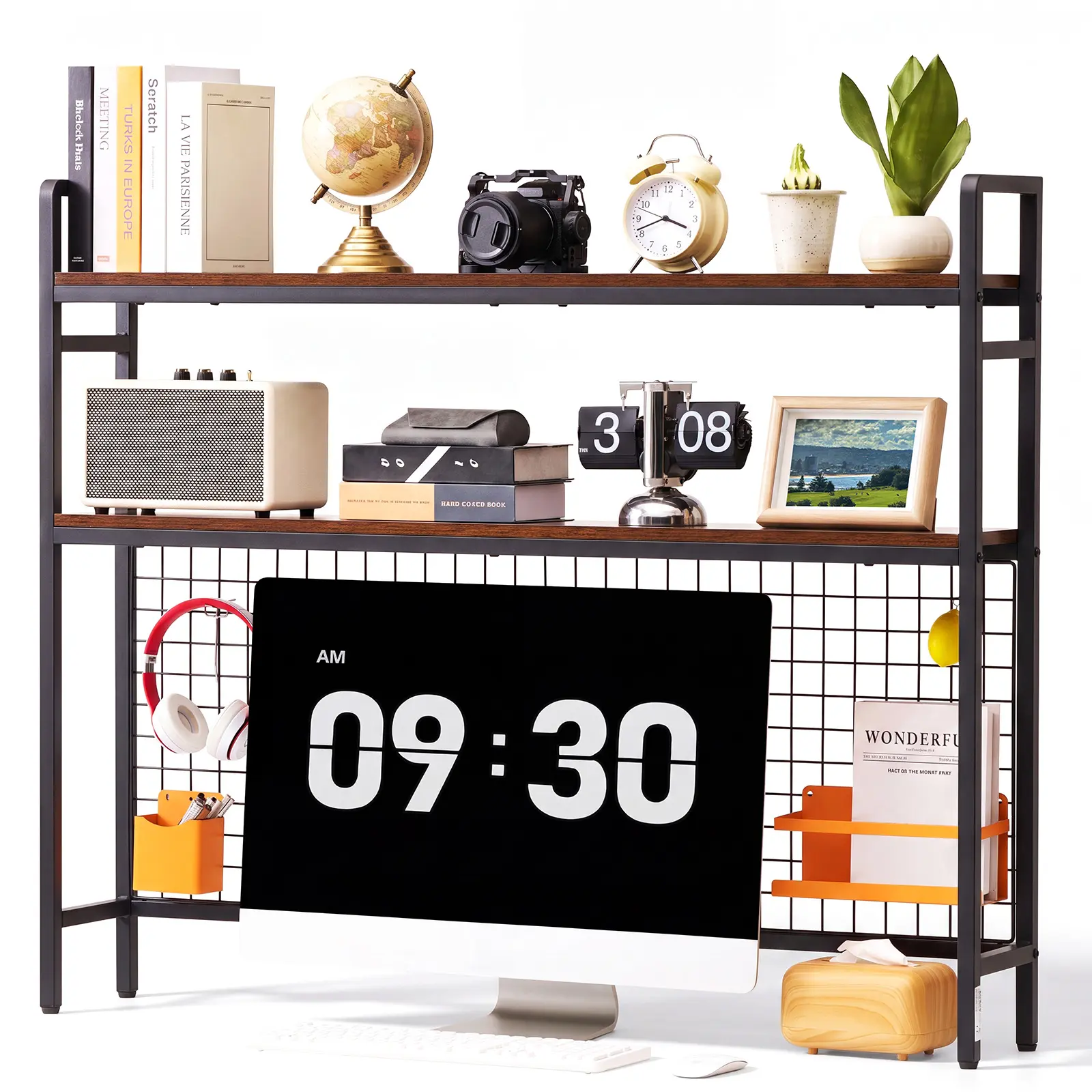 VEVOR 3-Tier Desktop Bookshelf - Black Grid Metal Frame, Vertical Hutch Cabinet, Non-Slip Feet Pads, Racks & Shelves, Quick Assembly Required, for Dorm Office Productivity Boost