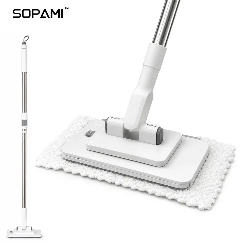 SOPAMI Telescopic Disposable Dust Mop, Touch-Free Auto Clamp Design, Dry Wet Dual Purpose, Compatible with Non-Woven Wipes, No Need To Wash Mop Head, Lazy Floor Cleaner for Hardwood, Tile Flooring & Baseboards