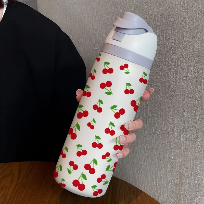 32oz Cherry Print Dual-Use Sports Water Bottle Hydration Tumbler, Insulated Flask, Vacuum Thermo Flask, Stainless Steel Vacuum Insulated, Large Capacity Fruit Cup, Perfect Gift for Women, Drinkware