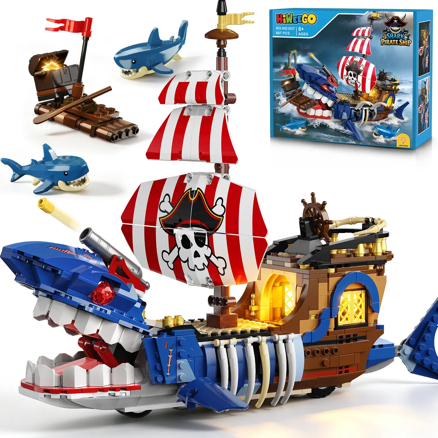 HiWEEGO Shark Pirate Ship Building Set with LED Light, 887PCS Ocean Adventure Building Blocks Kit for Kids Ages 8-12, Chomping Mouth Boat Toy Birthday Gift