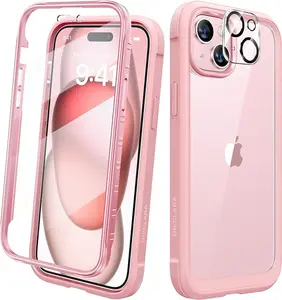 Diaclara Designed for iPhone 15 Plus Case 6.7 Inch,Full Body Rugged Case with Built-in Touch Sensitive Anti-Scratch Screen Protector+9H Tempered Glass Camera Lens Protector, Coral Pink