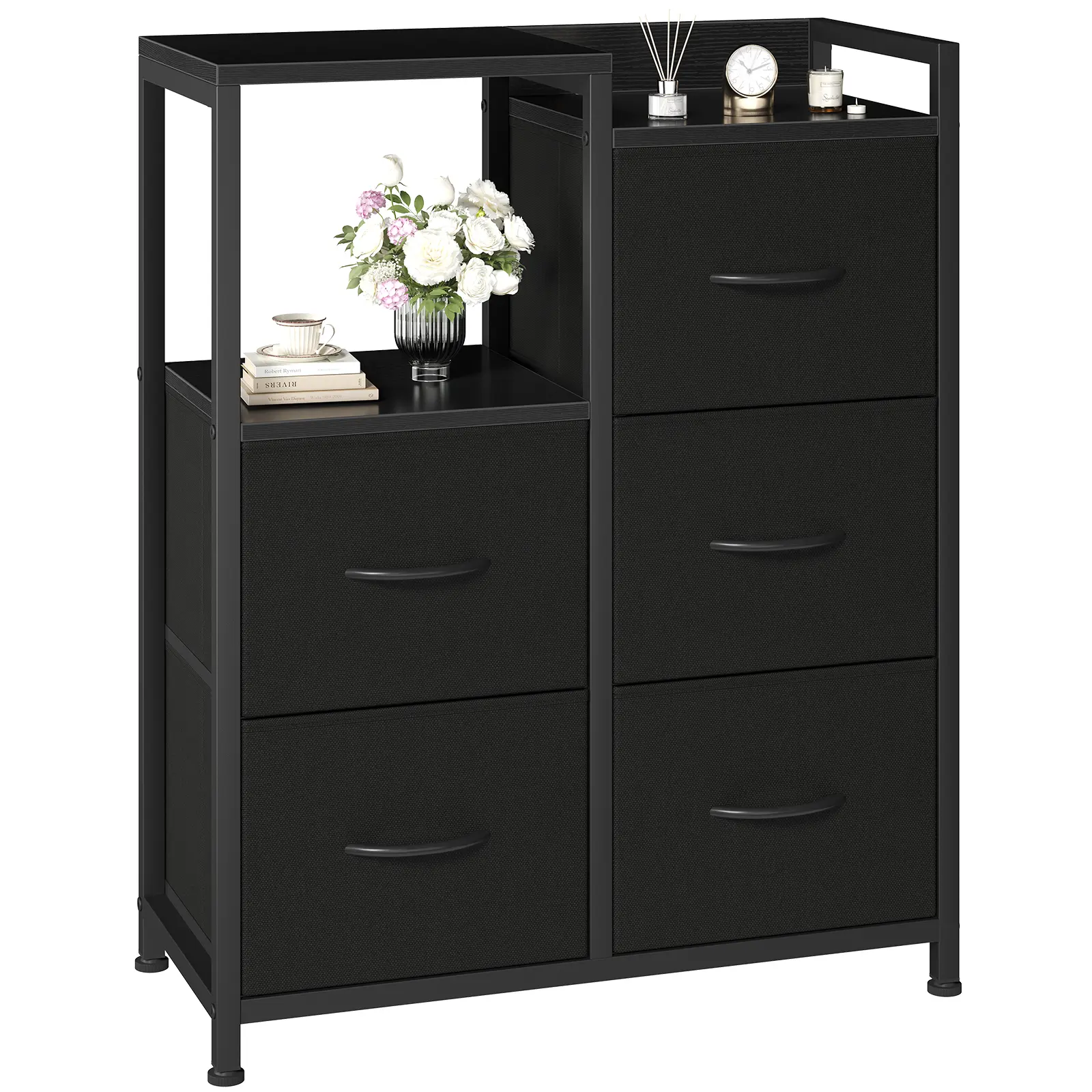DUMOS Modern 5-Drawer Fabric Dresser with 2-Tier Display Shelf - Clutter-Free, Child-Friendly Drawer Compartments Cabinet for Bedroom, Hallway, Clutter-Free Cabinets, Child-Friendly Cabinets