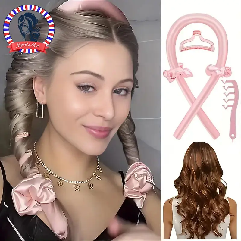 Women's 5PCS 4-in-1 Heatless Styling Set - Curling Kit with Stick, Headbands for Effortless No-Heat Curls
