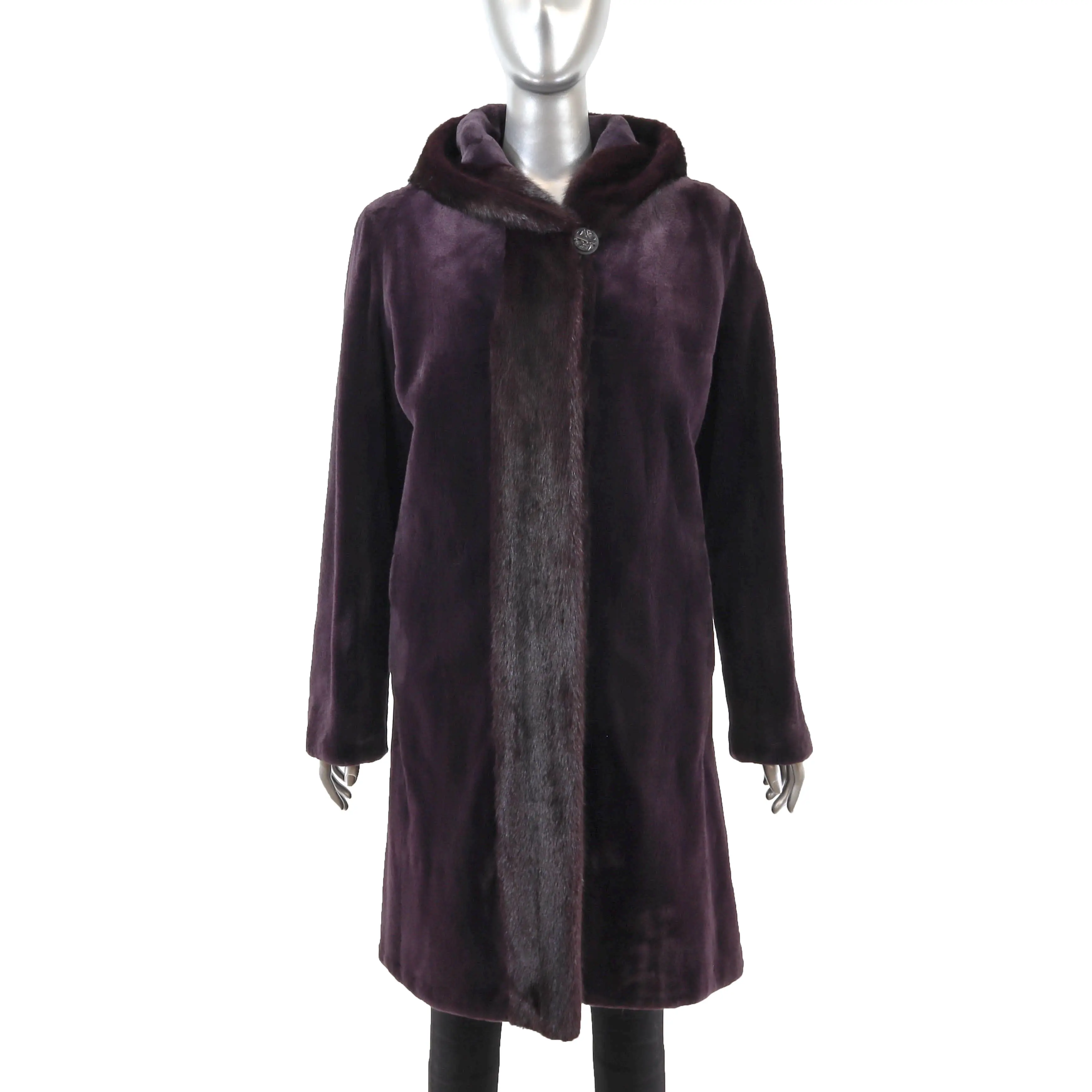 Wine Sheared Hooded Reversible Mink Coat- Size S-M