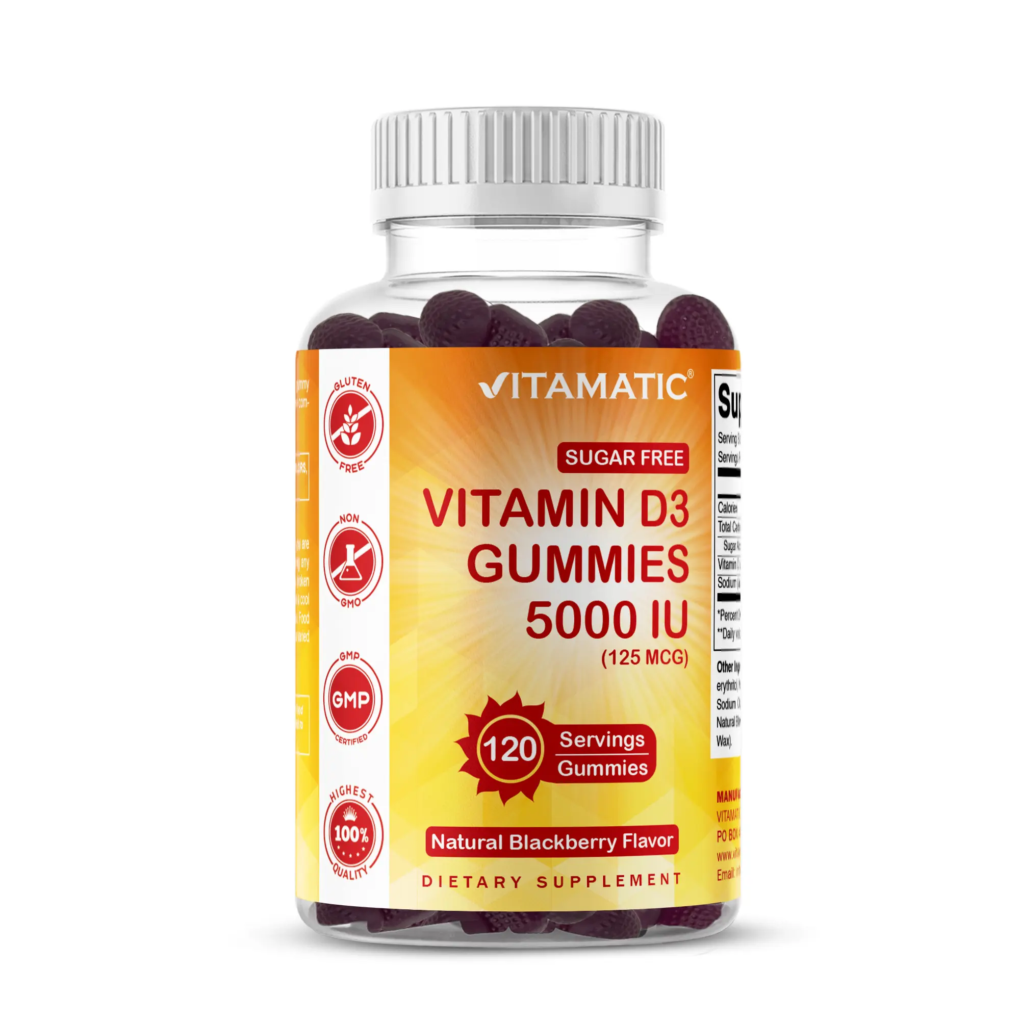 Vitamatic Sugar-Free Gluten-Free Chewable Dietary Vitamin D3 5000 IU Gummies - 120 Count, Non-GMO, Great Taste - Immune Support, Bone Health Nutrition Supplements