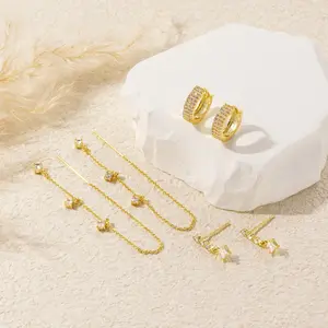 Tewiky Gold Chain Earrings Set - 3/4 Pair Dangling Delicate Stacking Hoop Earring Set with Cubic Zirconia Stud for Women,With beautifully packaged gifts, Perfect for Any Occasion Daily & Party Decoration