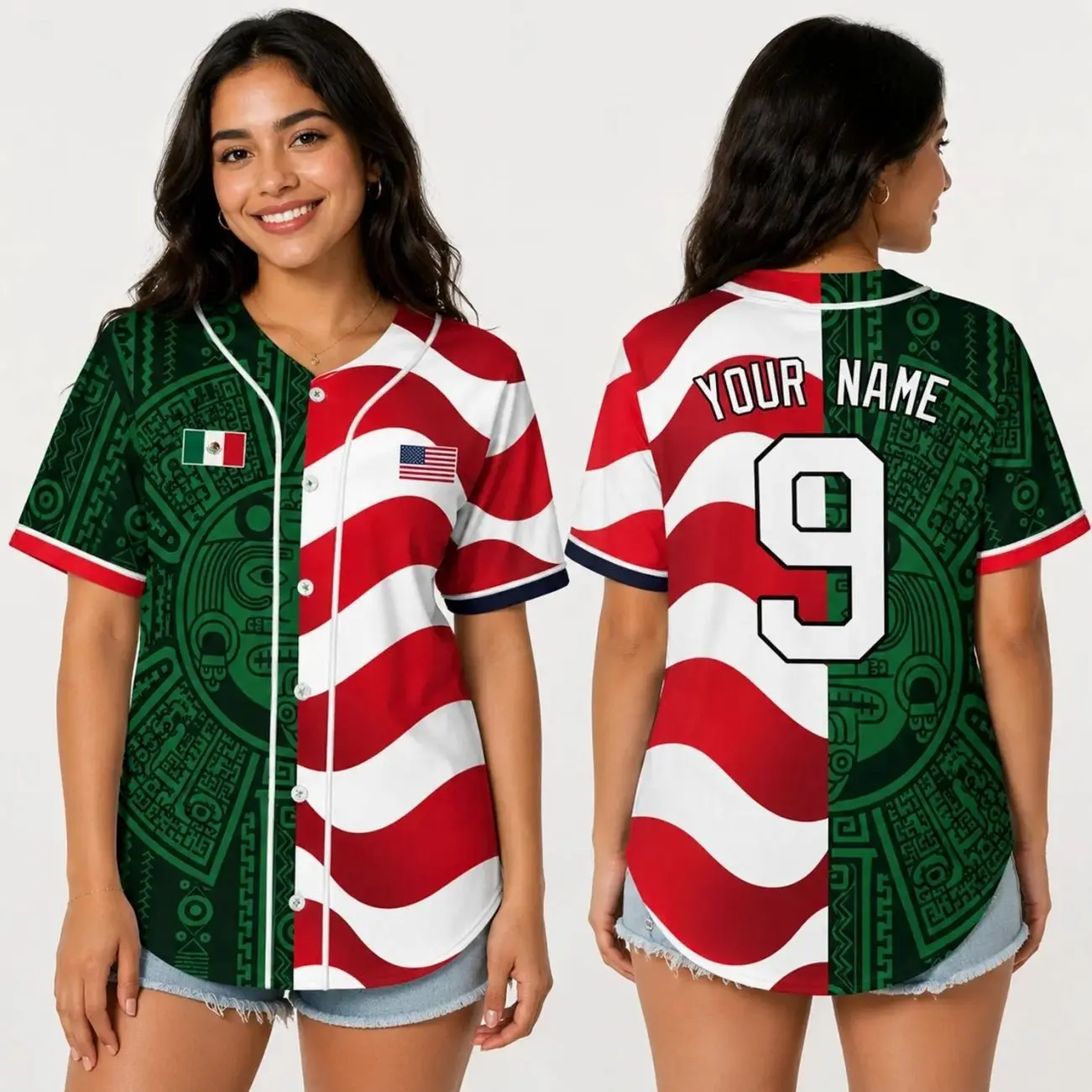 Personalized Mexico USA Baseball Jersey, Custom Name Number Mexican American Flag Shirt with Aztec Inspired Pattern for Sports Game Day Gift