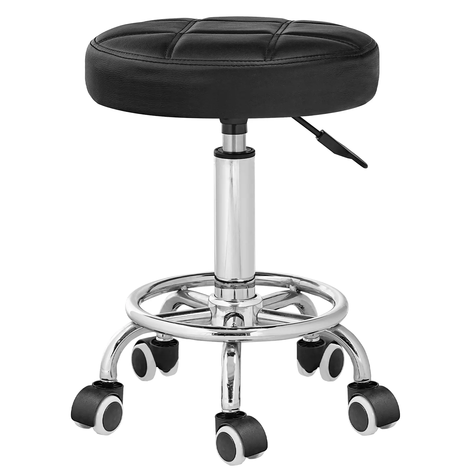 HOOBRO Round Rolling Stool with Wheels, Height Adjustable Swivel Stool, PU Leather Chair, Swivel Drafting Chair with Footrest, for Beauty Shop, Hair Salon, Bar, Studio, Black and Silver #SummerVibes