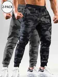 Men's Fashion Camo Joggers Pants, Casual Simple Sporty Style, Elastic Waistband, Drawstring Design, 2 Pack, All Seasons Wear