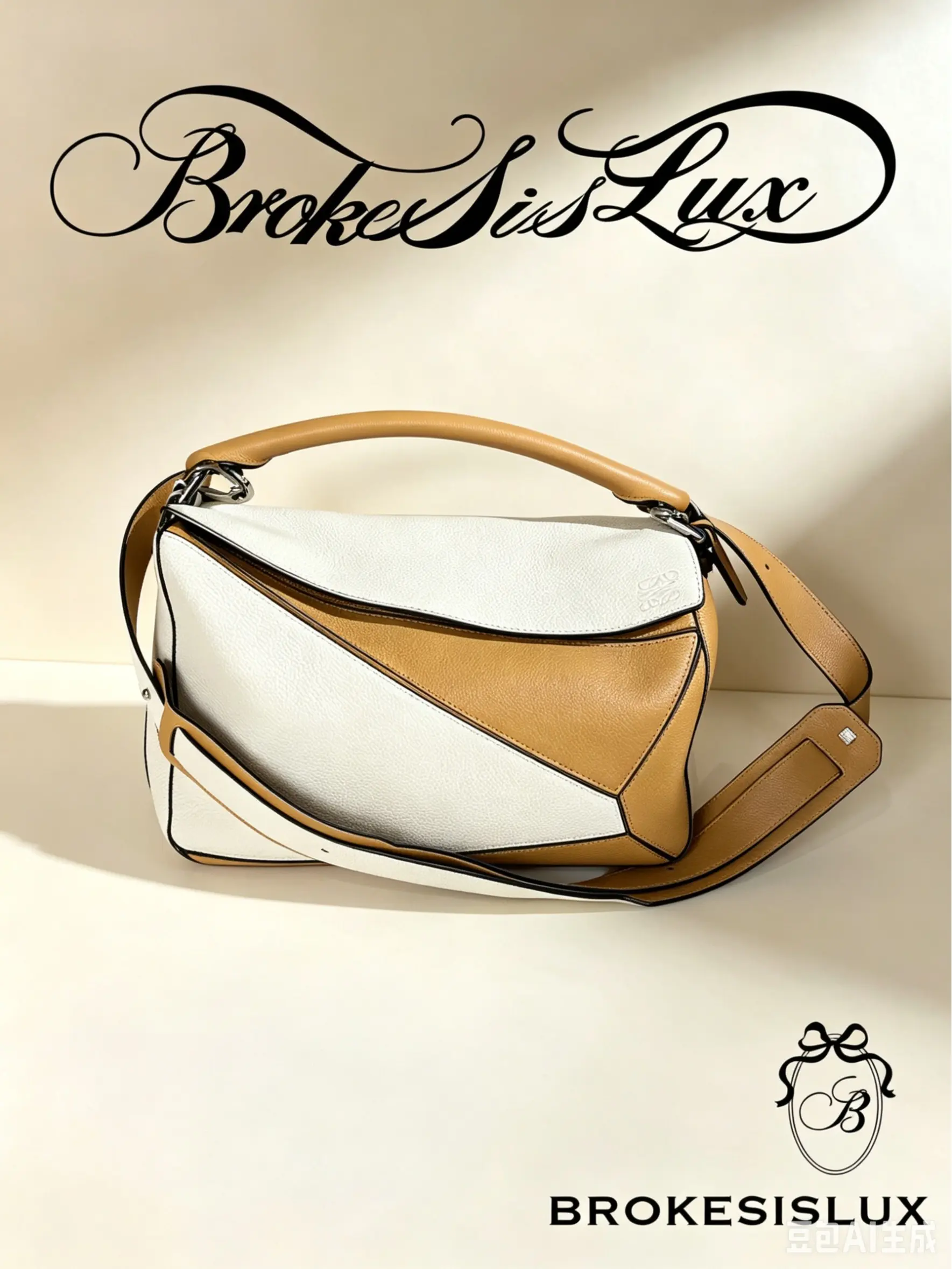 Pre-owned Loewe Puzzle Bag in Bicolor White & Tan Calfskin, Detachable Strap