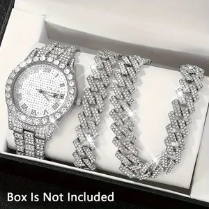 Trendy Hip Hop Watch Set with Waterfall Chain Bracelet & Necklace, Sparkling Drop Design, Classic Style for Fashionable Men, Elegant Jewelry Set