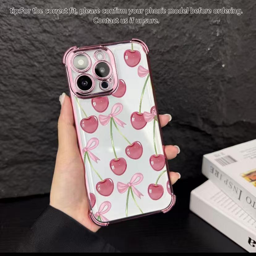 Elegant cherry pattern phone case, four corner airbag anti drop protection, anti yellowing electroplating ultra-thin TPU material, suitable for iPhone 17Pro Max Air 16 15 Plus 14 13 12 11 XR XS and Samsung Galaxy S25 S24 S23 S22 phone cases. A17