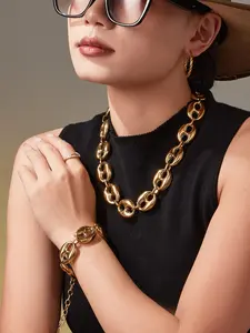 Women's Stainless Steel Coffee Bean Necklace Bracelet Set, Geometric Pattern Design, Street Style Jewelry Accessory