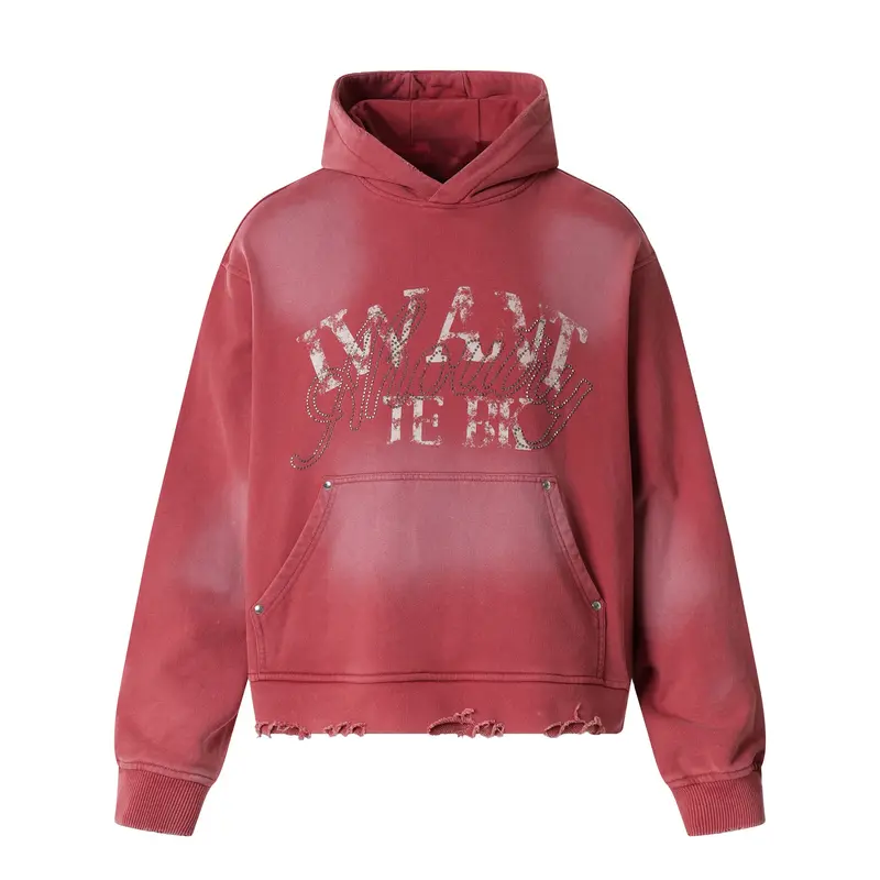 Inflation 100%Cotton Vintage Washed Heavyweight Fleece Oversized Hoodie Distressed Letter Print Rhinestone Y2K Grunge Pullover 2026 Fall Raw Hem Streetwear