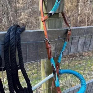 Complete Teal Beaded Horse Size Bitless Rawhide Bosal and Nylon Mecate Rein Set