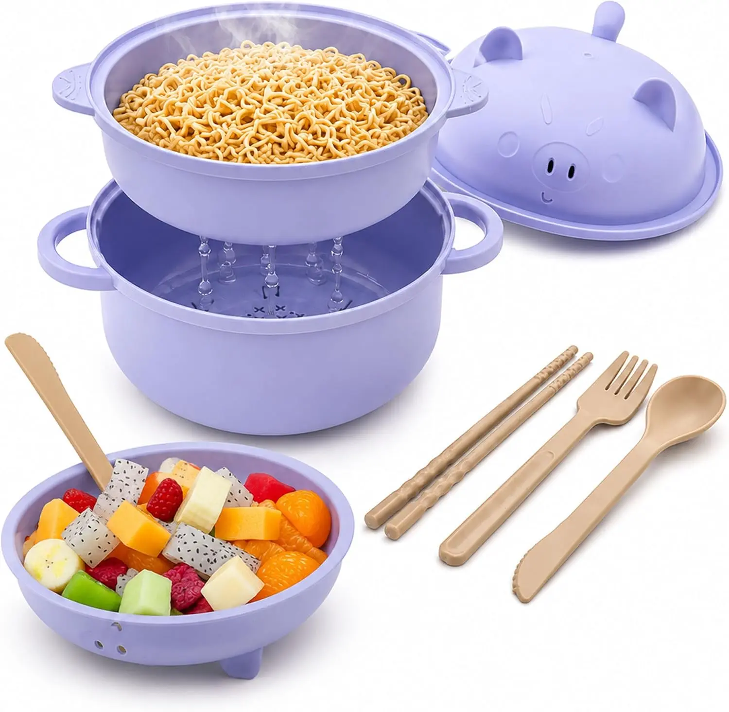 45oz Lightweight Portable Microwavable Pig Ramen Noodle Bowl Cooker Set with Strainer Lid, Handle, Spoon, Fork & Chopsticks – Home Dorm, Camping Kitchenware Value Pack for Noodle, Salad Supplies