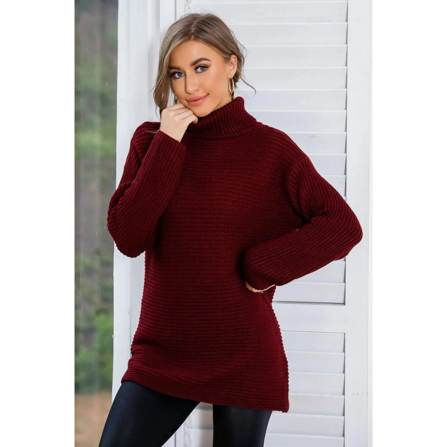 Woven Right Horizontal Ribbing Turtleneck Tunic Sweater