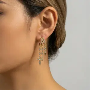 JEYFULL Gold Earrings for Women Triple Huggie Dainty Dangle Trendy Small Hoops Long Drop Chain Hypoallergenic Fashion Gift