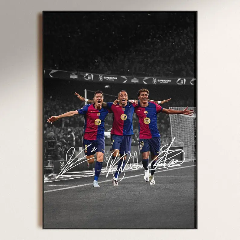 Robert Lewandowski, Raphinha, Lamine Yamal Poster, Signed Football Poster, Barca Fan Gift ( Unframed - Print Only )