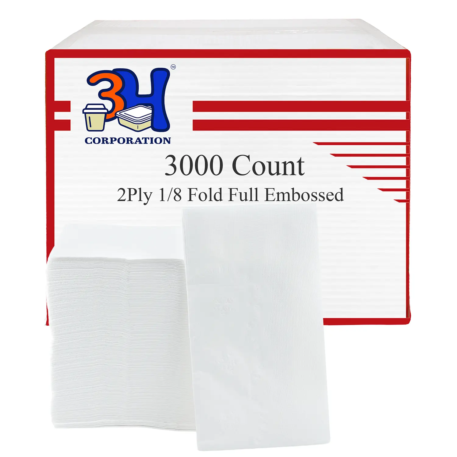 3H Corporation Embossed Premium White Disposable 2-Ply Paper Napkins, 3000-Count Individually Sealed 1/8 Fold 7.1"x4.1" Absorbent Sturdy Napkins for Restaurant & Party Use