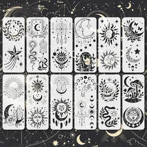 12-Piece Bohemian Sky Stencil Set, Reusable Pet Painting Templates, Art Craft Supplies, Featuring Sun, Moon, Stars, and Mystical Elements for Journals, Walls, Fabrics, and Crafts