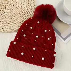 Women's Winter Knit Beanie Hat with Faux Pearl Design, Warm & Stylish Headwear for Daily Wear, Perfect Gift Idea for Her, Knit Hats