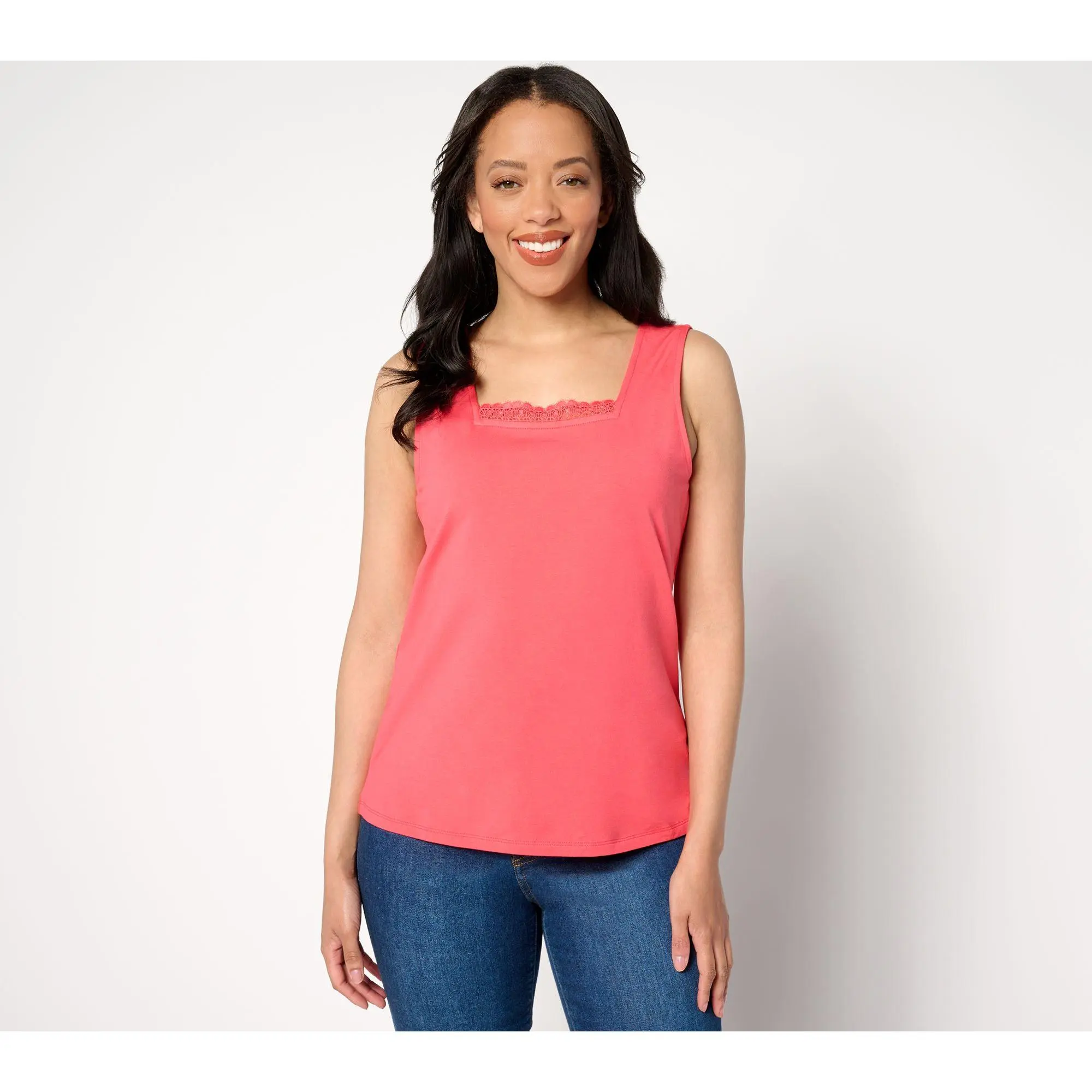 Isaac Mizrahi Live! Square Neck Sleeveless Top with Crochet Trim