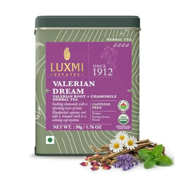 Luxmi Estates Organic Valerian Root, Chamomile, & Lavender Loose Leaf Tea 50g/1.76oz (25 cups) for Sleep | Caffeine Free Wellness Sleep Tea