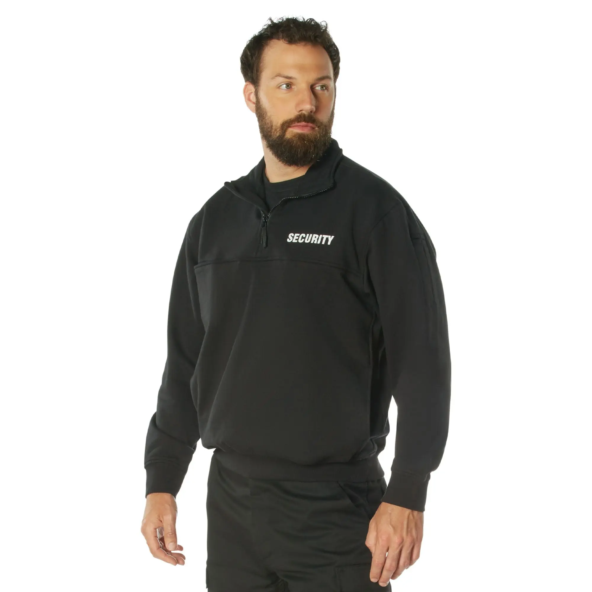 Men's Black Long Sleeve Workwear Fleece Shirt - Quarter-Zip Pullover Officer Duty Uniform with Hook and Loop, Pen Pockets