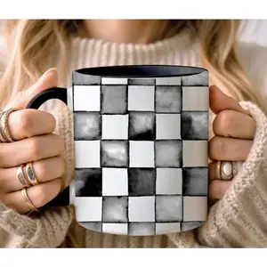 Black Checked Design Mug, Checker Coffee Mug, Black Handle and Inside, 11oz Coffee Mug, 15oz Large Ceramic Mug, Kitchen Drinkware, Classic Movie Mug, Coffee Cup Gift
