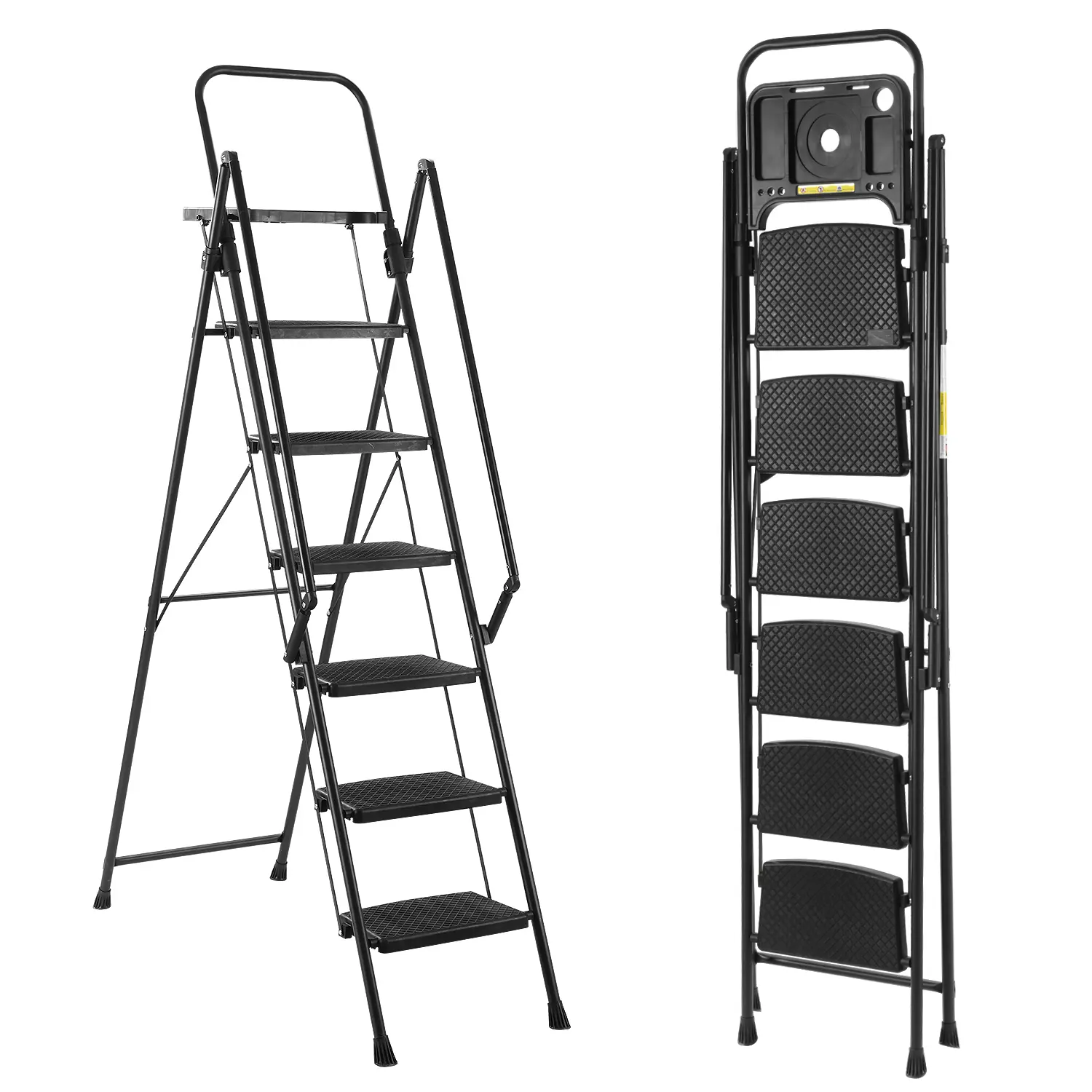 Folding Step Stool with Bandwidth Anti-Slip Pedals, Tool Trays, Lightweight & Portable, Sturdy Steel Steps (6 Levels) for Indoor & Outdoor Use