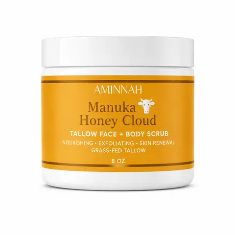 AMINNAH Manuka Honey & Beef Tallow Sugar Scrub, Hydrating Face & Body Moisturizer for Smooth, Glowing Skin - Gentle Exfoliator for Dry & Sensitive Skin, 8 oz