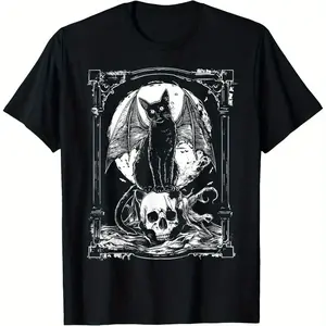 Men's Short-Sleeve Cotton Knit T-Shirt, Breathable Mysterious Bat Skull Gothic Pattern Top, Black Metal Punk Avant-Garde Outdoor Casual Fashion Graphic