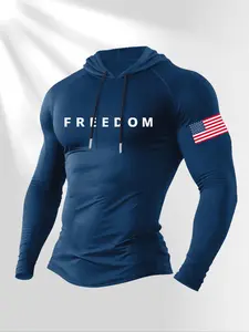 Men's Trendy Hooded Long Sleeve Tee Shirt, Letter Flag Print Design, Casual Daily Wear, Fashionable Outdoor Clothing