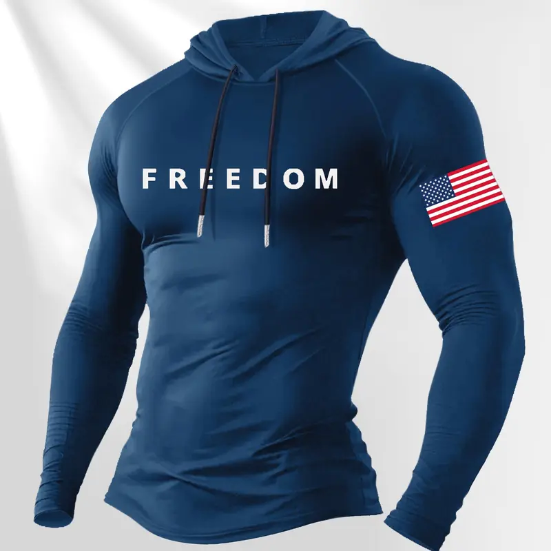 Men's Trendy Athletic Activewear Hooded Long Sleeve Graphic Tee Shirt, Letter Flag Print Design, Casual Daily Wear, Fashionable Outdoor Clothing, Tops, Casual Athletic Style