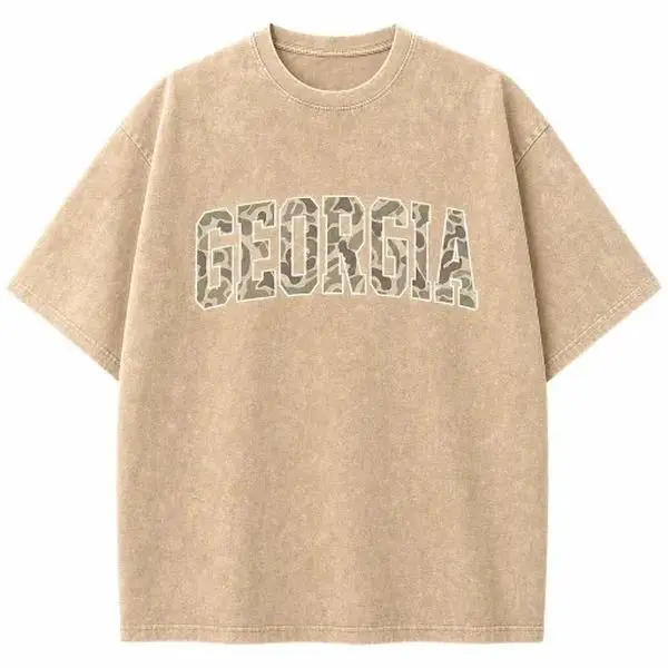 Georgia Camo Letter Graphic Tee Women Vintage Washed Relaxed Fit Casual State Pride Everyday Trendy Top