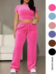 Two-piece Set Women's Solid Crop Tee & Drawstring Waist Pants Velvet Set, Casual Short Sleeve Round Neck T-shirt & Elastic Waist Trousers, Ladies Summer Clothes, Casual Matching Set