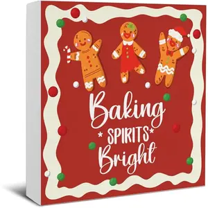 Gingerbread Decor, Baking Spirits Bright Re Wooden Block Sign, Christmas Xmas Baking Decorations for Kitchen Dining Room Table Desk Shelf 5 X 5 Inches