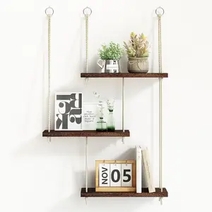 Hanging Shelves for Wall, 3 Tier Boho Wall Decor Hanging Plant Shelf Floating Shelves Rope Rustic Wood Organizer Storage Hanger Rack for Aesthetic Home Bedroom Kitchen Bathroom - Dark Brown Wooden Wall Shelf