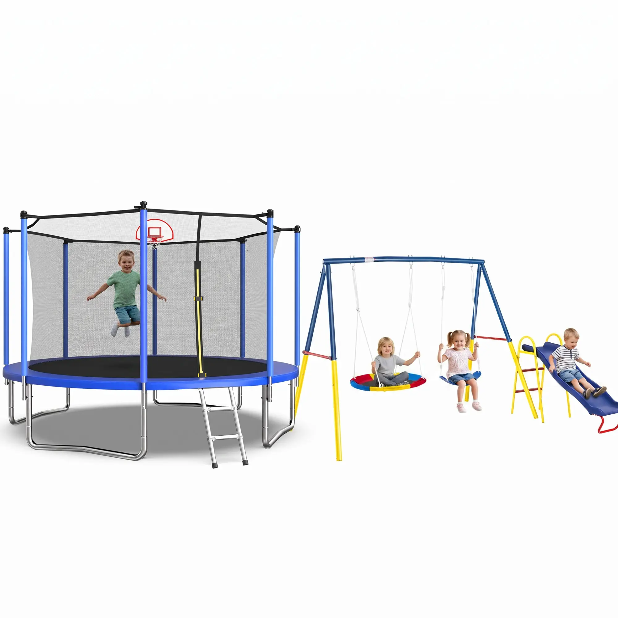 Mersco 12FT Trampoline Combo with Basketball Hoop, Swing & Slide, Outdoor Backyard Recreational Trampoline with Safety Enclosure Net for Kids & Adults, Heavy‑Duty 3‑in‑1 Metal Backyard Playset