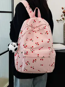 Cherry Print Corduroy Backpack Bag, Stylish Travel Shoulder Bag for Autumn Winter, Trendy Casual Daypack for Women & Girls, Cute Versatile Backpack