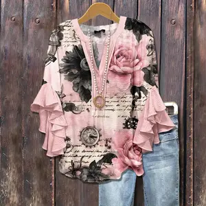 Cherrybetty Classic Floral Print Ruffle Sleeve Top Going Outfits Blouses Women Vintage 90s Tops Funny Shirts Women Elegant Classy Tops cute summer outfit for Teachers and Moms