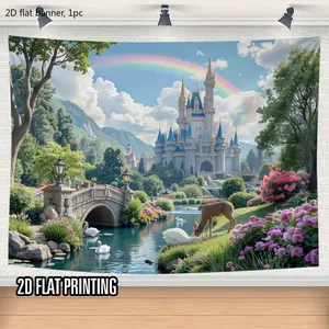 1 piece of 2D flat party banner - Princess castle with blue sky and white clouds background, suitable for wall decoration, library decoration banner, photography studio props, polyester background, party and home decoration wall design wwx