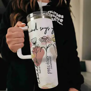 God Says You Are Bible Verse - 40oz large capacity car water bottles with lid and handle, 304 stainless steel insulated tumbler, suitable for car, office, travel, new year gifts, Christian Gift