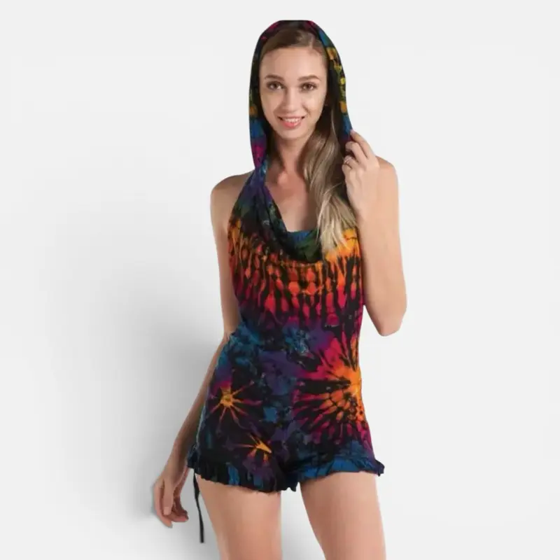 Women's Tie-Dye Hooded Romper Womenswear  Soft Spandex open back
